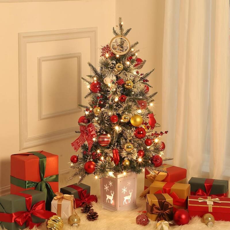 3 Ft Artificial Christmas Trees with Lighting Elk/ Snowman Base - 3FT