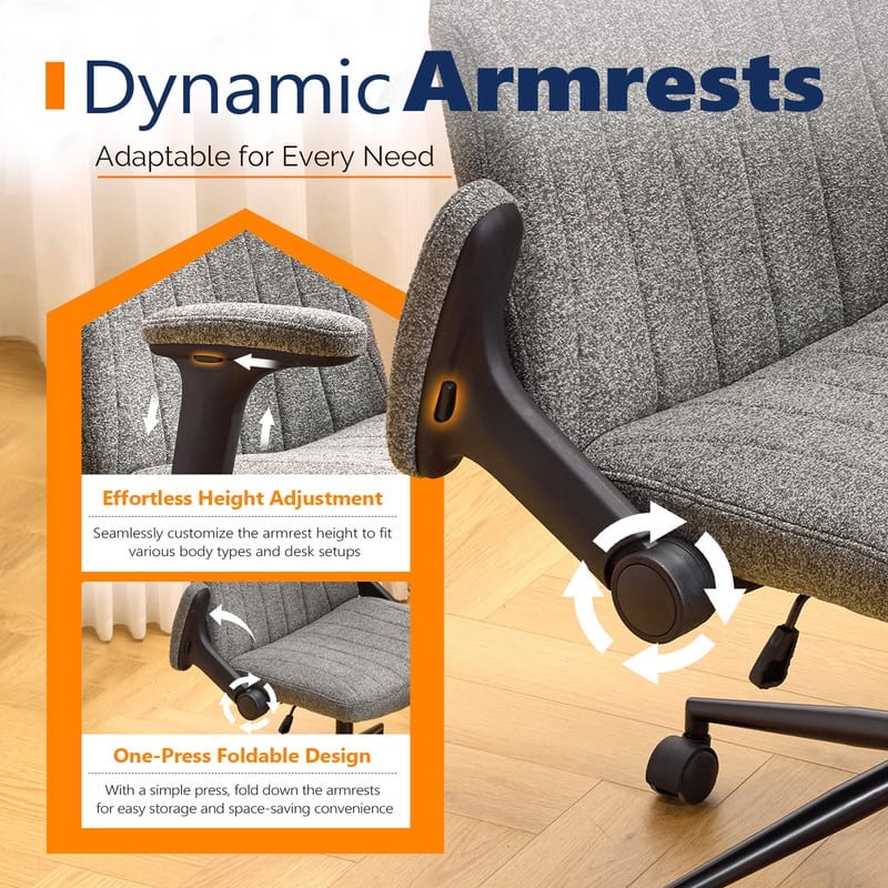 Chenille Swivel Chair With Adjustable Flip-Up Arms For Cross-Legged