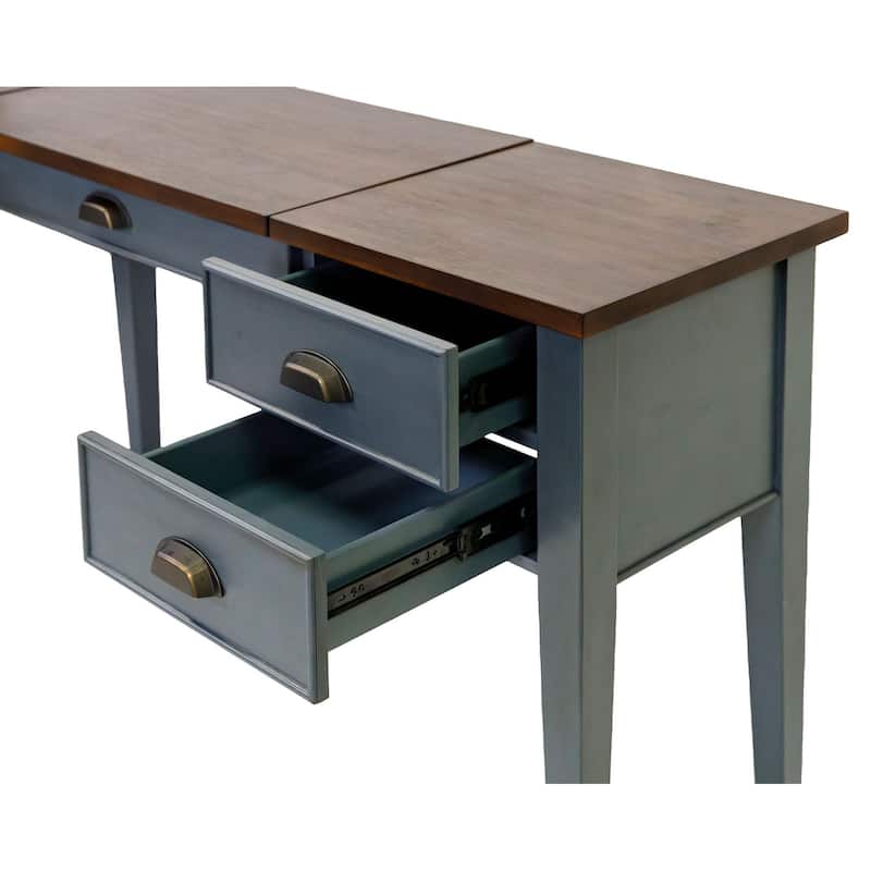 Farmhouse Wood Half-Pedestal Writing Desk and Return, Open L-Shaped Table and Return, Office Desk and Return, Blue