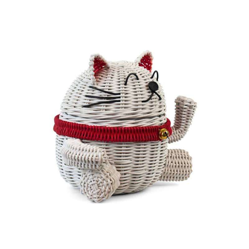 Lucky Cat Rattan Storage Basket with Lid Decorative Bin Home Decor Hand Woven Shelf Organizer Cute Handmade Handcrafted Gift