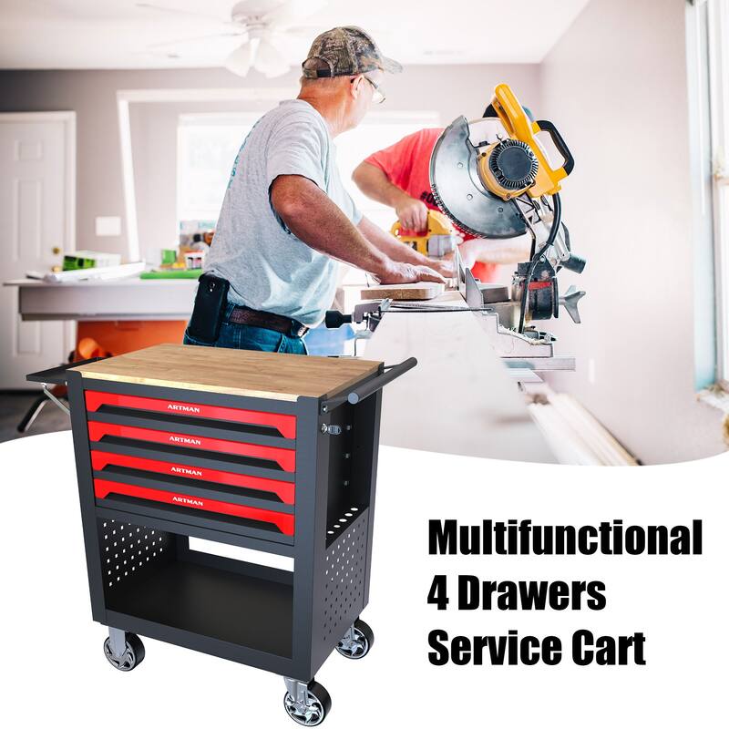 4 Drawers Multifunctional Tool Cart with Wheels and Wooden Top Multiple Uses - Home office or garage