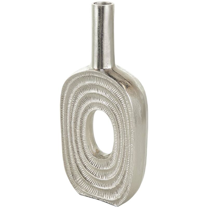 Aluminum Metal Geometric Circular Decorative Vase with Linear Etchings - Gold or Silver - Roche River Decor - Silver