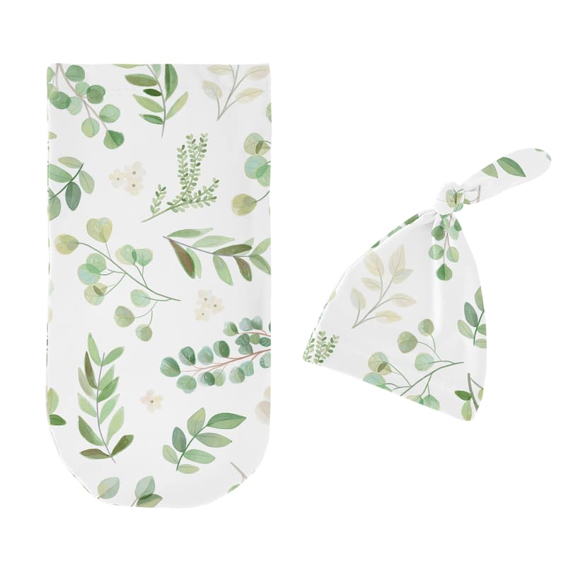 Floral Leaf Collection Boy or Girl Baby Cocoon and Beanie Hat Sleep Sack - 2pc Set - Green Boho Botanical Flower Woodland Garden
