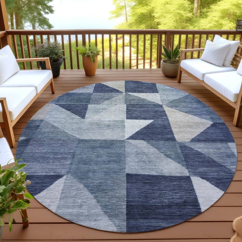 Machine Washable Indoor/ Outdoor Geo Rubi Chantille Rug - Blue - 8' x 8'