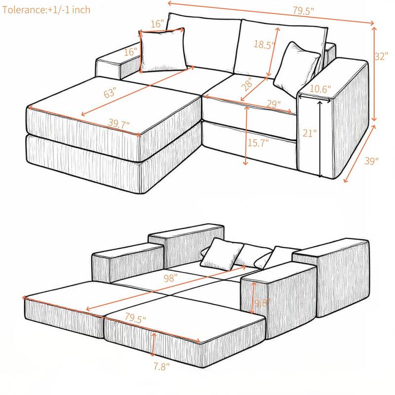 Modular Cloud Sectional Couch, Modern Upholstered L-Shaped Sofa with Removable Ottoman