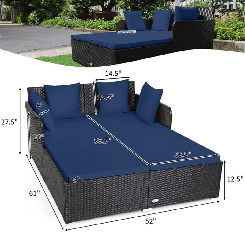 Outdoor Rattan Daybed with Cushions for Patio or Backyard - 61" x 52" x 27.5"