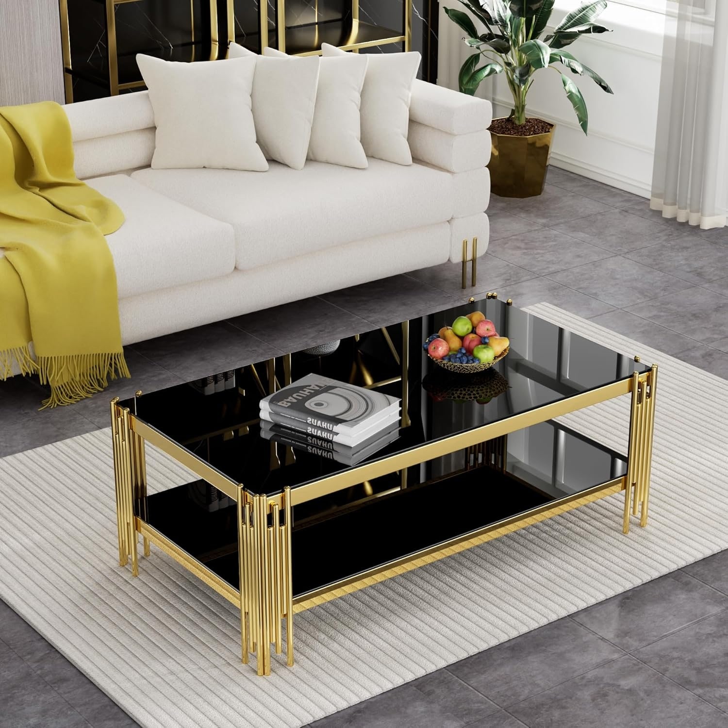 48" Rectangle Glass Coffee Table with Black Tempered Glass and Golden Mirrored Legs, 2-Tier Modern Center Table