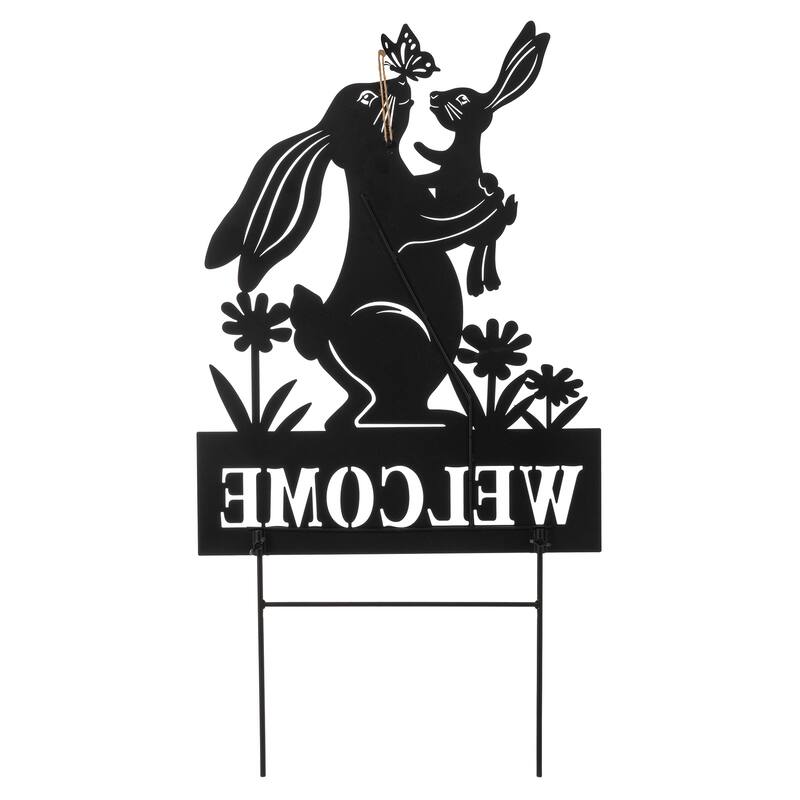 Glitzhome 30"H Multi-functional Metal Rabbit Flower Fairy Silhouette with Welcome Sign Garden Yardstake Wall Decor