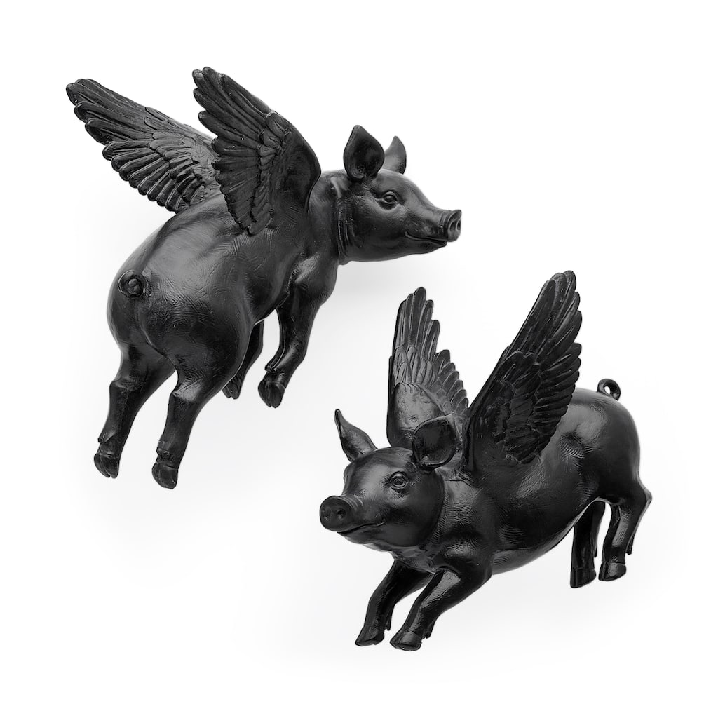 Hogbadi Black Resin Flying Pigs Decorative Wall Accents, Set of 2