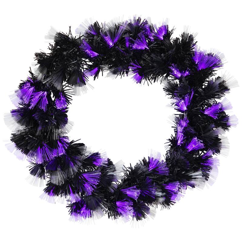 Multi-Function Fiber Optic Artificial Halloween Wreath - 24" - Black - Orange and Purple LED