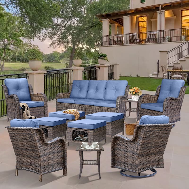 Rattan Wicker Outdoor Patio Furniture Sofa Set with Swivel Rocker Chairs - 11 Piece - Denim Blue