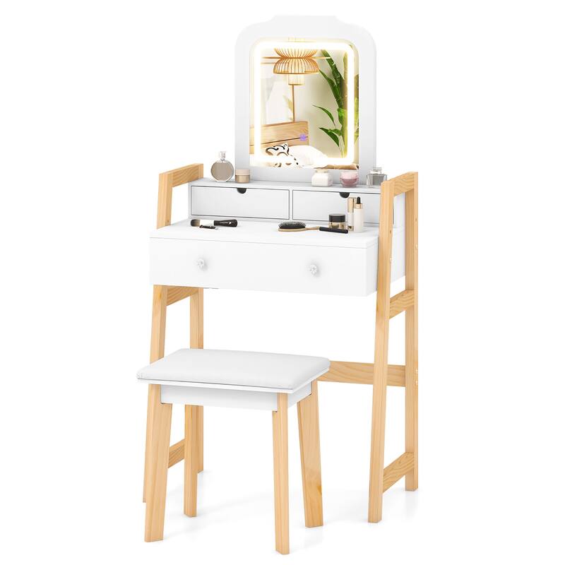 Gymax Vanity Desk Set w/ Mirror 3-Color LED Lights Drawers Solid Pine