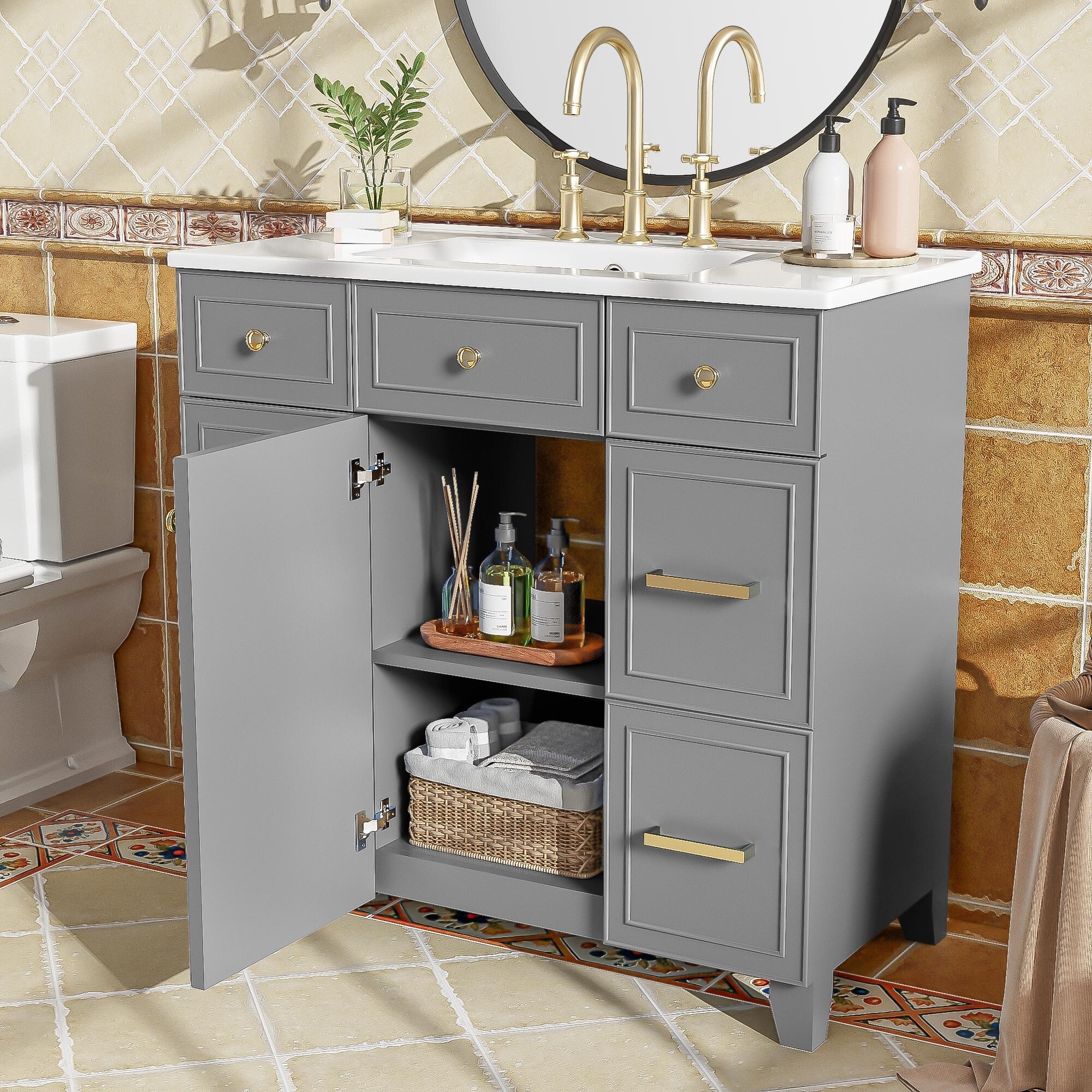 36" Bathroom Vanity with Ceramic Sink, Freestanding Single Sink Bathroom Storage Cabinet with Drawers & Adjustable Shelf