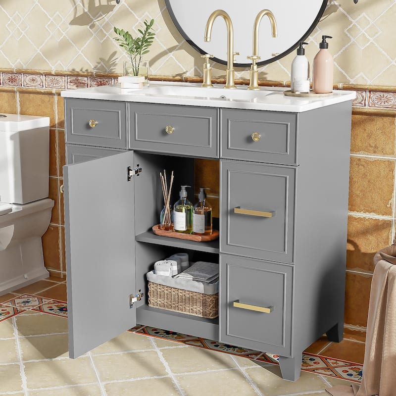 36"Bathroom Vanity with Ceramic Sink, Wood Frame,Soft Close Doors,Adjustable Shelves,3 Drawers,Including Double-Depth Drawer