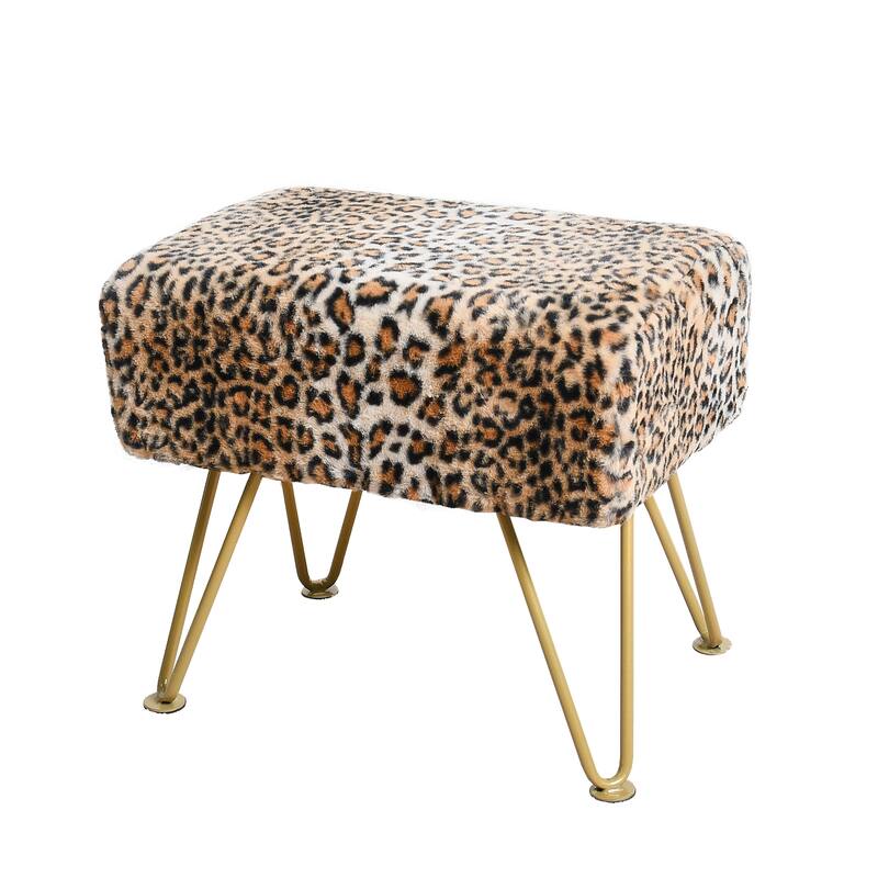 Home Soft Things Leopard Fauxfur Ottoman with Gold Metal Legs