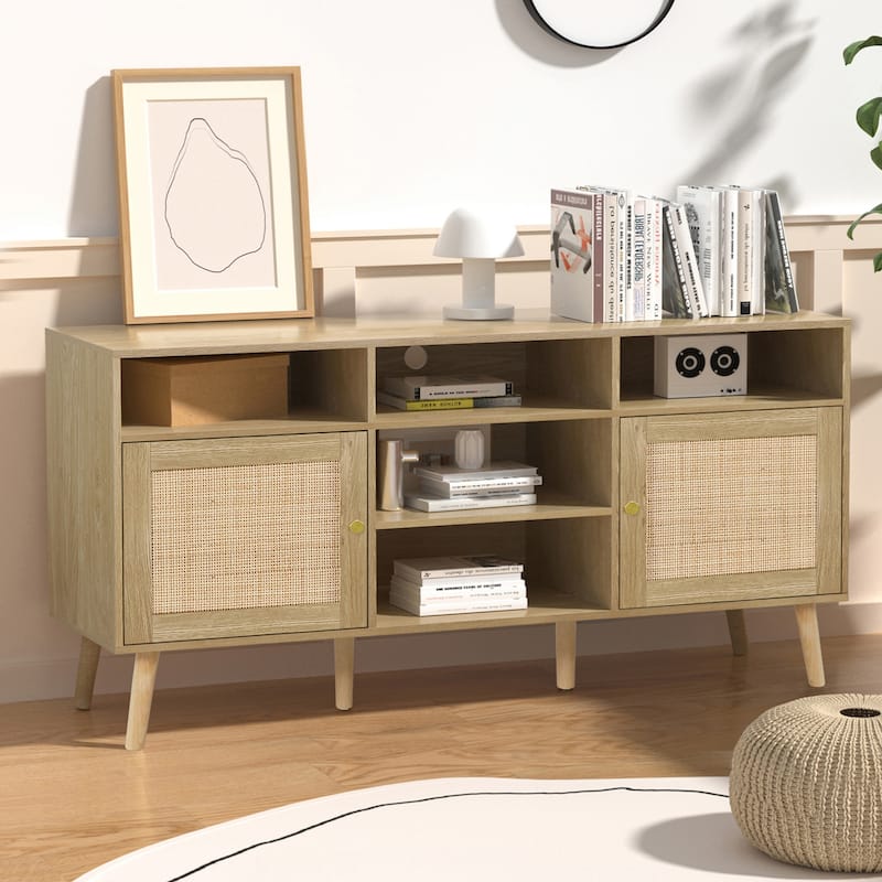Anmytek Modern Rattan Wood TV Stand Console Table Entertainment Centers for TVs up to 65" - 59"