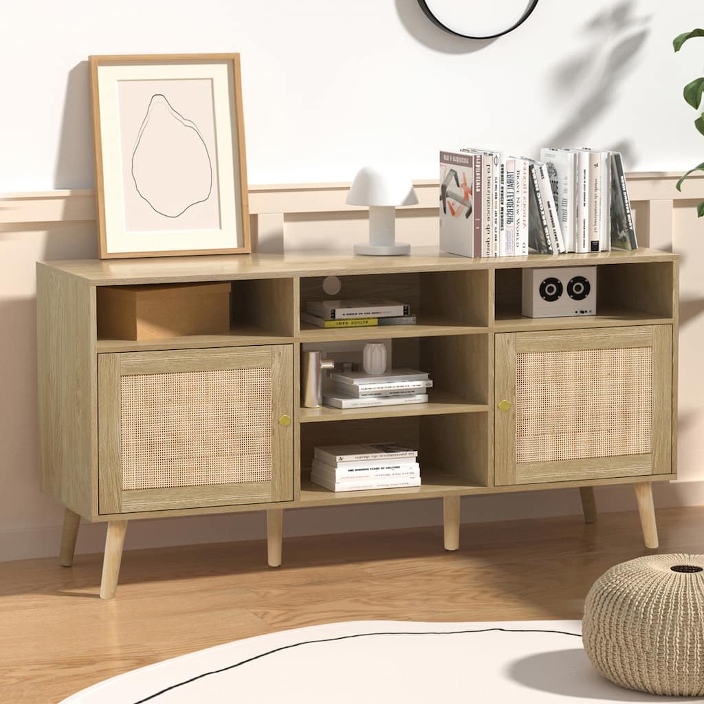 Anmytek Modern Rattan Wood TV Stand Console Table Entertainment Centers for TVs up to 65" - 59"