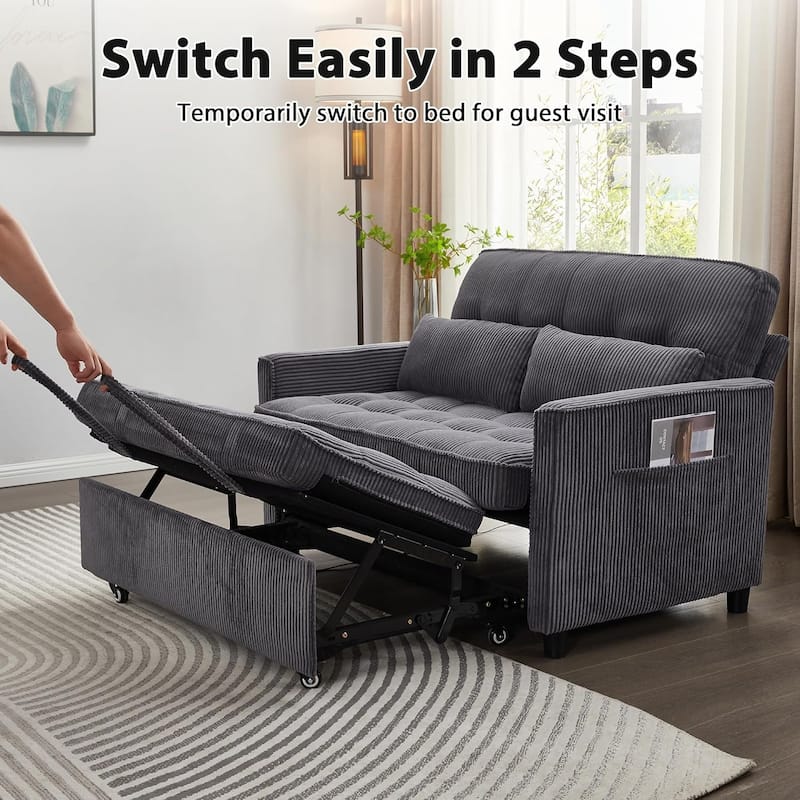 Sleeper Sofa Bed, 52" Convertible Pull Out Couch with Small Table,USB Port,Side Pockets,Corduroy Fabric,Adjustable Backrest