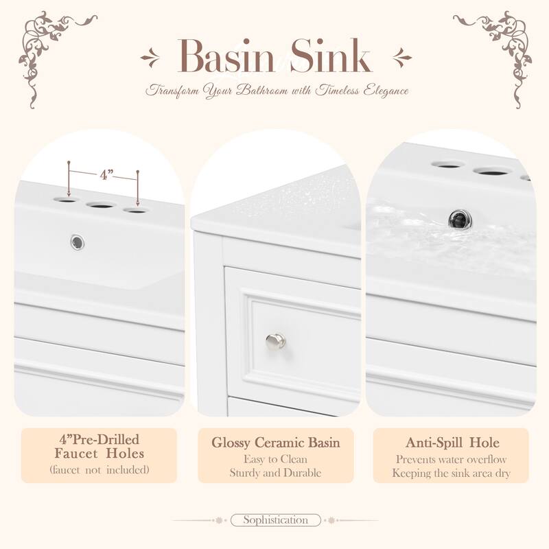 Bathroom Vanity with Ceramic Sink, Solid Wood Vanity Set with 4 Drawers, Bathroom Storage Cabinet with Open Shelf