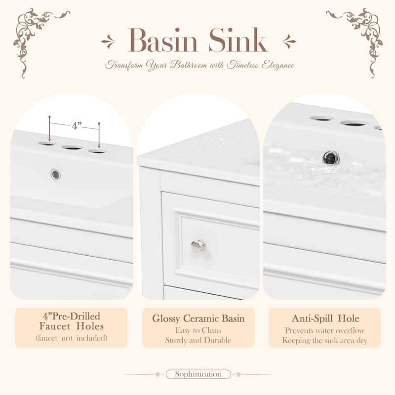 Free Standing Bathroom Vanity Cabinet with Sink, 4 Drawers, Solid Wood Frame, Silver Metal Knobs and Large Open Storage Shelf