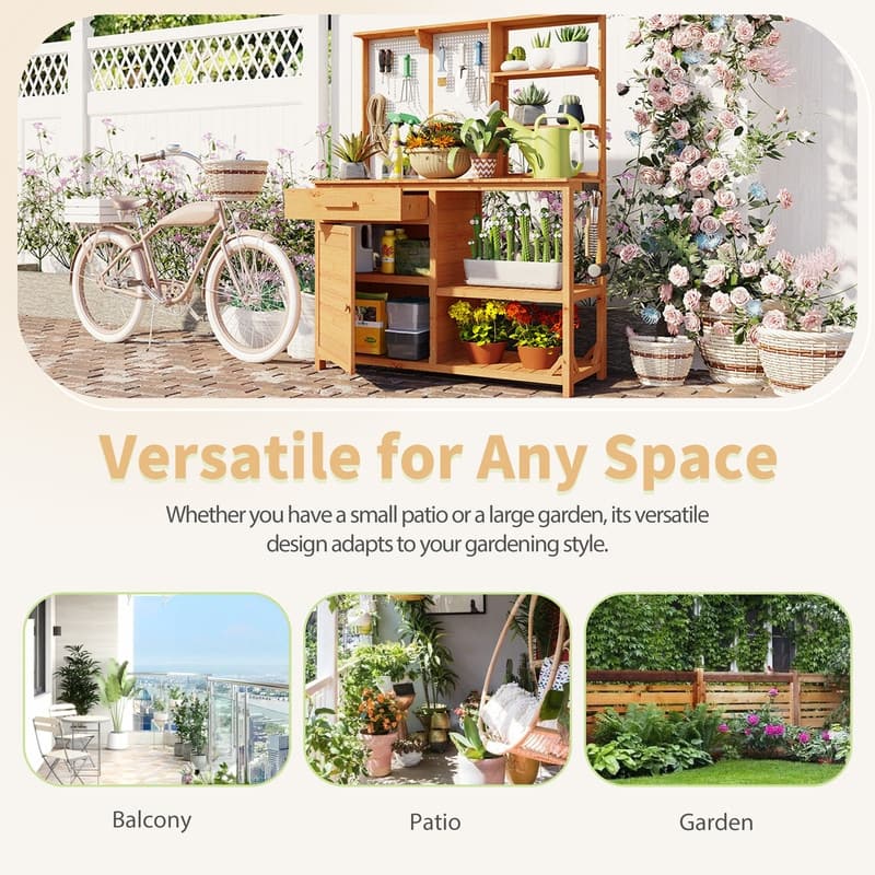 Fir Wood Potting Bench with Hutch, Garden Workstation for Planting with 4 Shelves