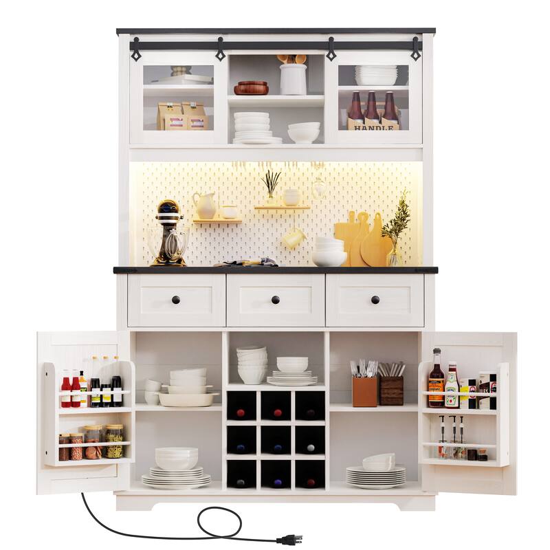 Versatile Bar Cabinet Sideboard Buffet Cabinet with DIY Pegboard, RGB Light, Power Outlets, Wine and Wine Glass Storage