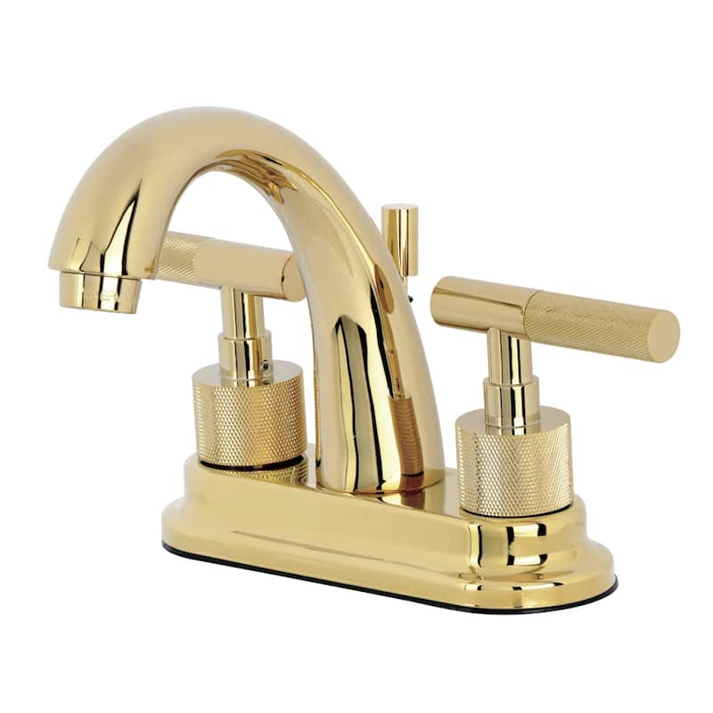 Kingston Brass Convergent Two-Handle 3-Hole Deck Mount 4" Centerset Bathroom Faucet with Knurled Handle and Brass Pop-Up Drain - Polished Brass