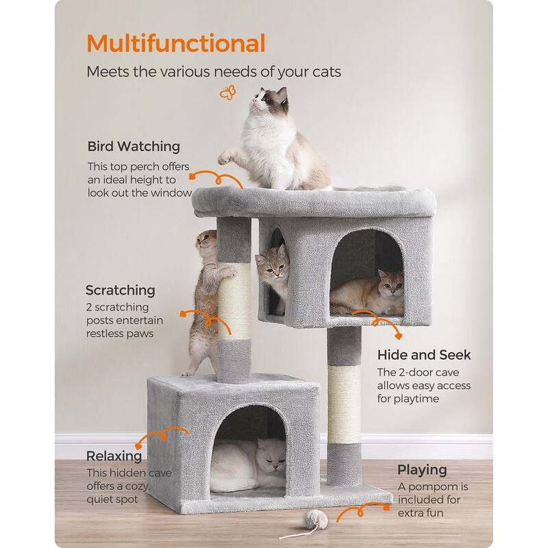 Plush Multi-Level Cat Tower with 2 Spacious Cat Caves and Scratching Posts