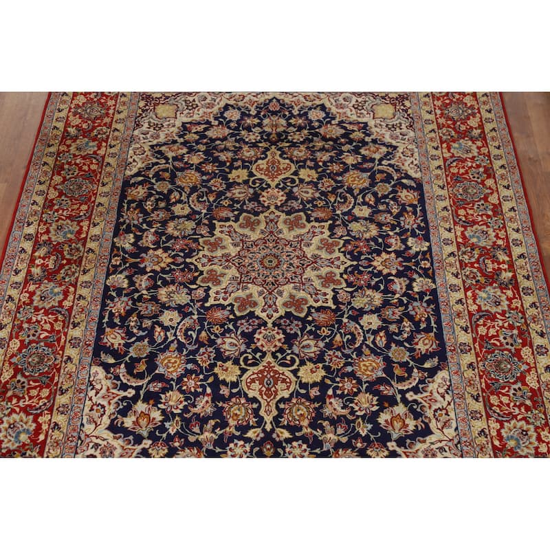 Hand Knotted Oriental 100% Wool Carpet Traditional Floral Navy Blue & Blues Isfahan Area Rug - 7' 5'' X 4' 9''