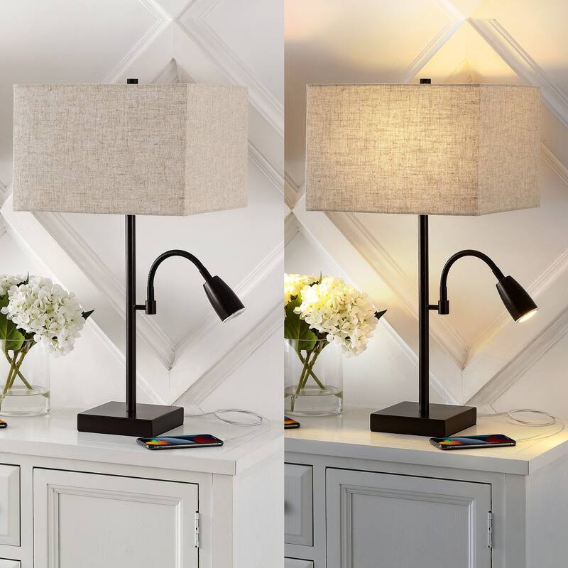 Sabrina 25.5" 2-Light Farmhouse Industrial Iron LED Table Lamp with USB Charging Port and Adjustable Light, by JONATHAN Y
