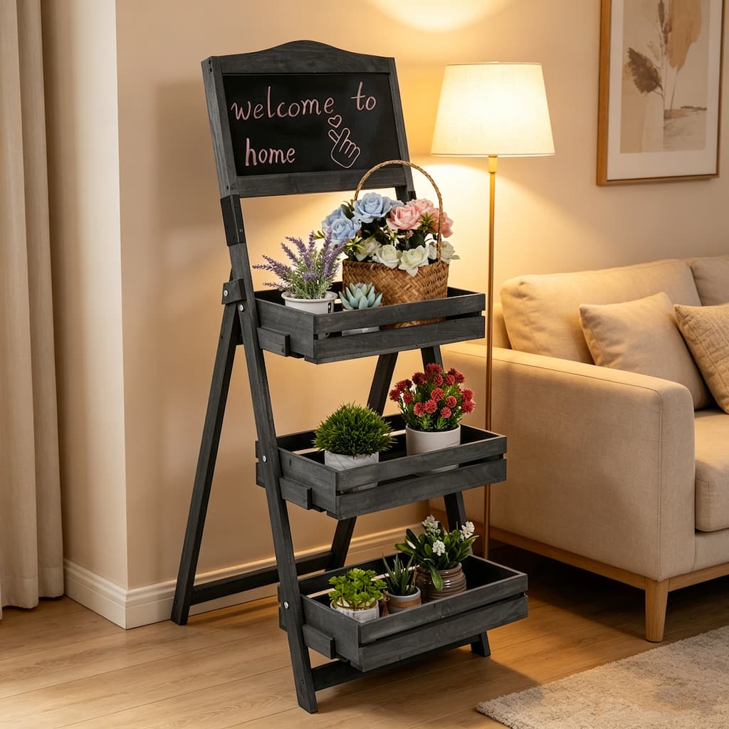 Free Standing Writing Chalkboard Display Blackboard with 3-tier Plant Shelves Flower Rack - 14.9”x19.7”x41.7”