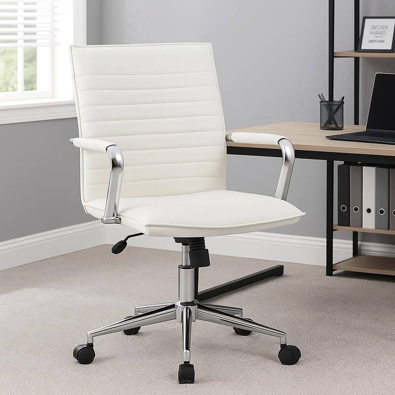 Kenny Commercial Grade Chair with Chrome Arms and Metal Base, White PU Vinyl