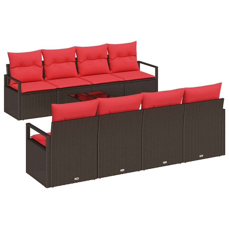 vidaXL 9 Garden Sofa Set with Cushions Black/Brown/Grey Poly Rattan - 90.6 x 24.4 x 27.2