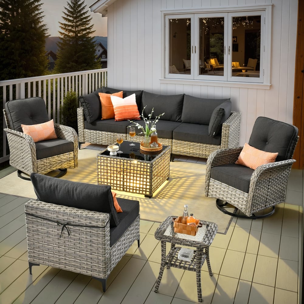 OVIOS 8 Pieces Outdoor Wicker Swivel Chair Set With Solar-Powered Coffee Table