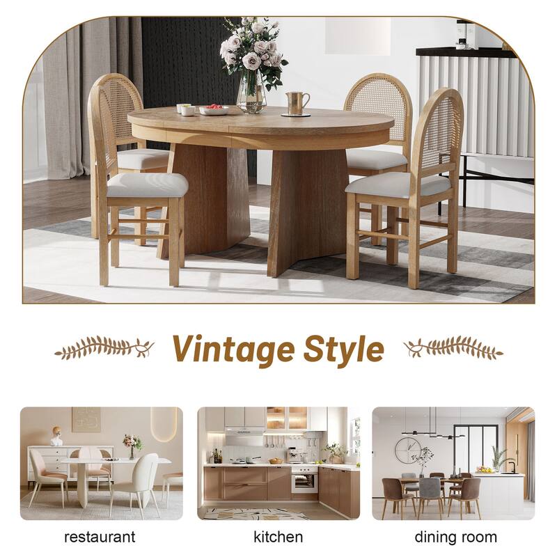 5-Piece Round Dining Table Set for 4, Retro Extendable dining table set with 4 Upholstered Chairs, Kitchen Table and Chairs Set