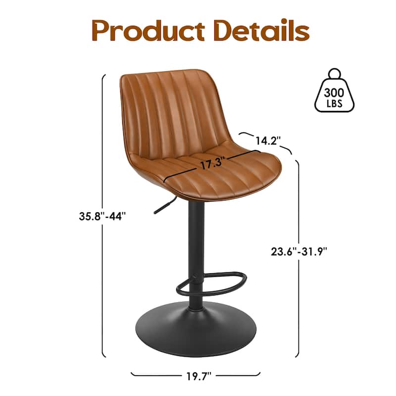 Bar Stools Set Of 2,Swivel Adjustable Barstools,Bar Height Stools With Back Support,Pu Leather