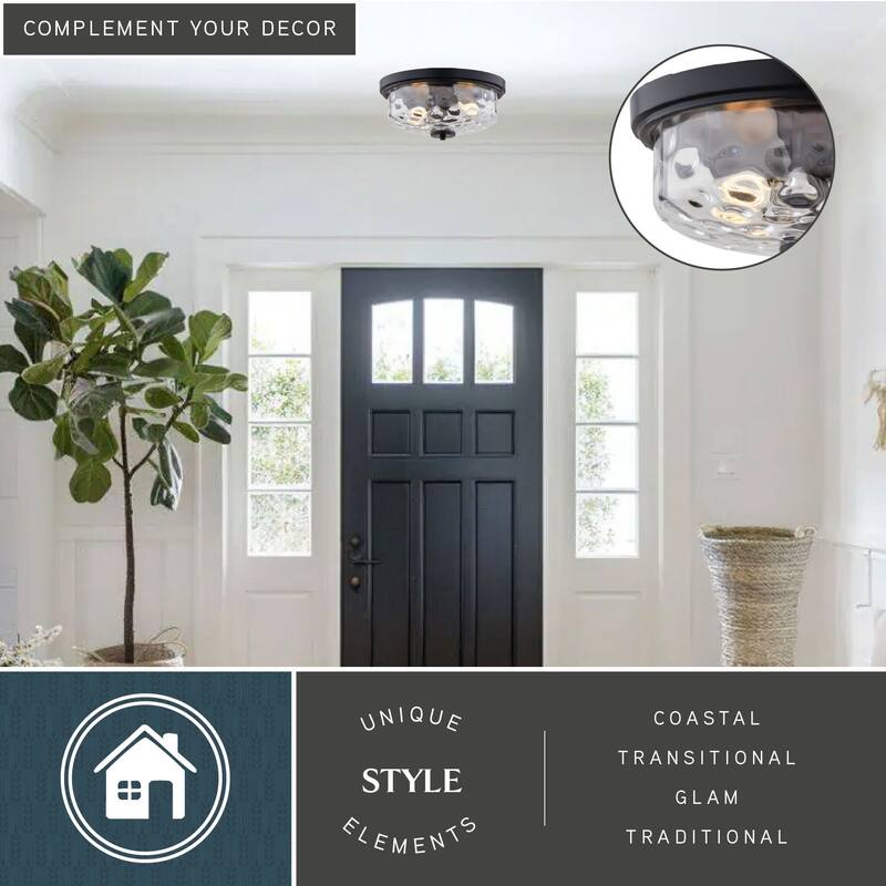 Northlake 2-Light Matte Black Dome Flush Mount Lighting Fixture, Clear Glass Shade Low Ceilings, Hallway, Kitchen