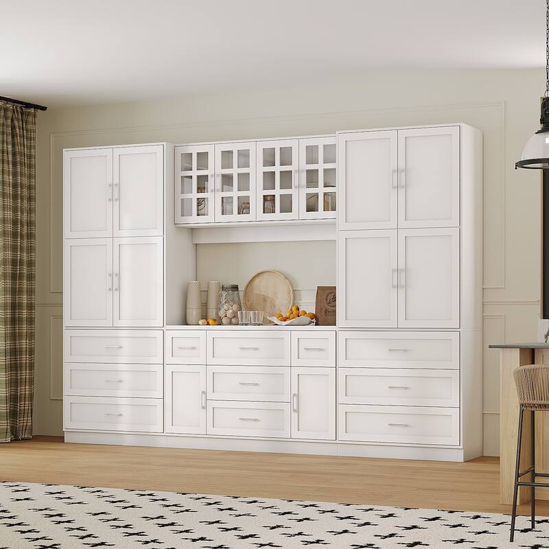 Multi-Functional White Kitchen Storage Cabinet with Drawers and Glass Doors, MDF & Metal Hardware