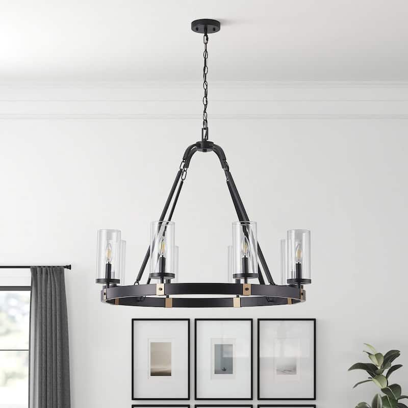 8-Lights Farmhouse Candle Wheel Chandelier - 34.3"D×4.7"W×87.3"H (Adjustable)