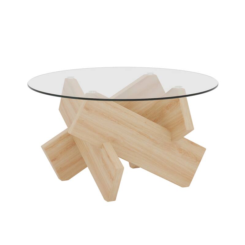 Roomfitters Round Glass Coffee Table with Wood Color MDF Legs, 33.4" Tempered Top Tea Table for Modern Homes