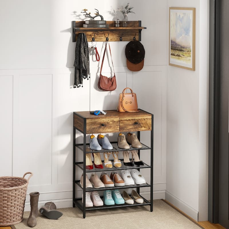 Gymax 5-Tier Shoe Rack w/ Wall-Mounted Coat Rack Hooks Drawers &