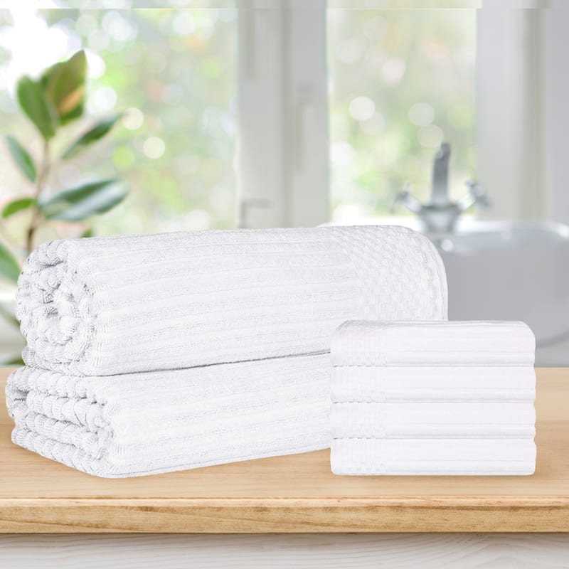 Ribbed Cotton Absorbent Heavyweight Hand Towel and Bath Sheet Set by Superior - White
