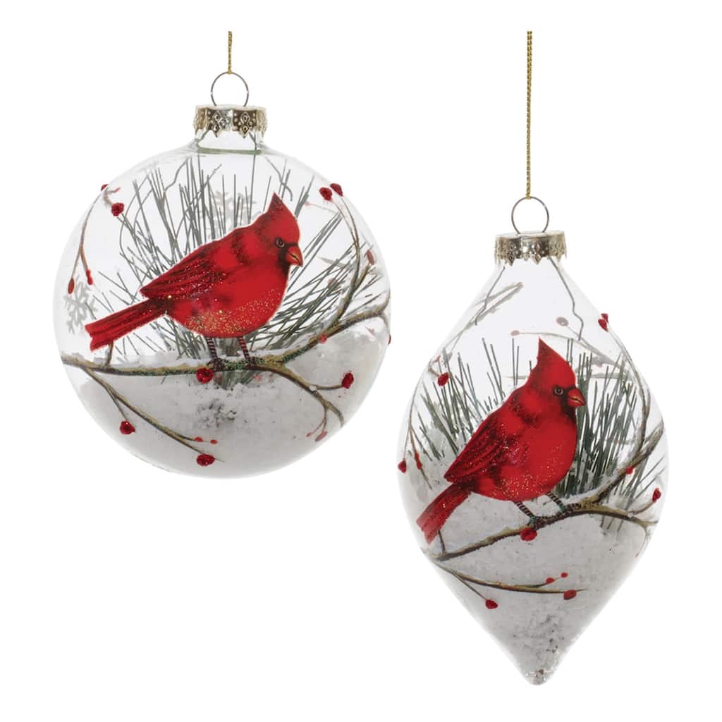 Glittered Cardinal Glass Christmas Ornaments - 6" - White and Red - 6ct