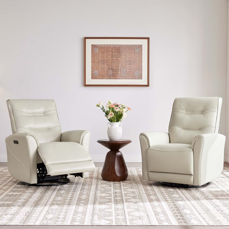 Spruce & Spring Genuine Leather Swivel Glider Recliner with Power Lumbar Support