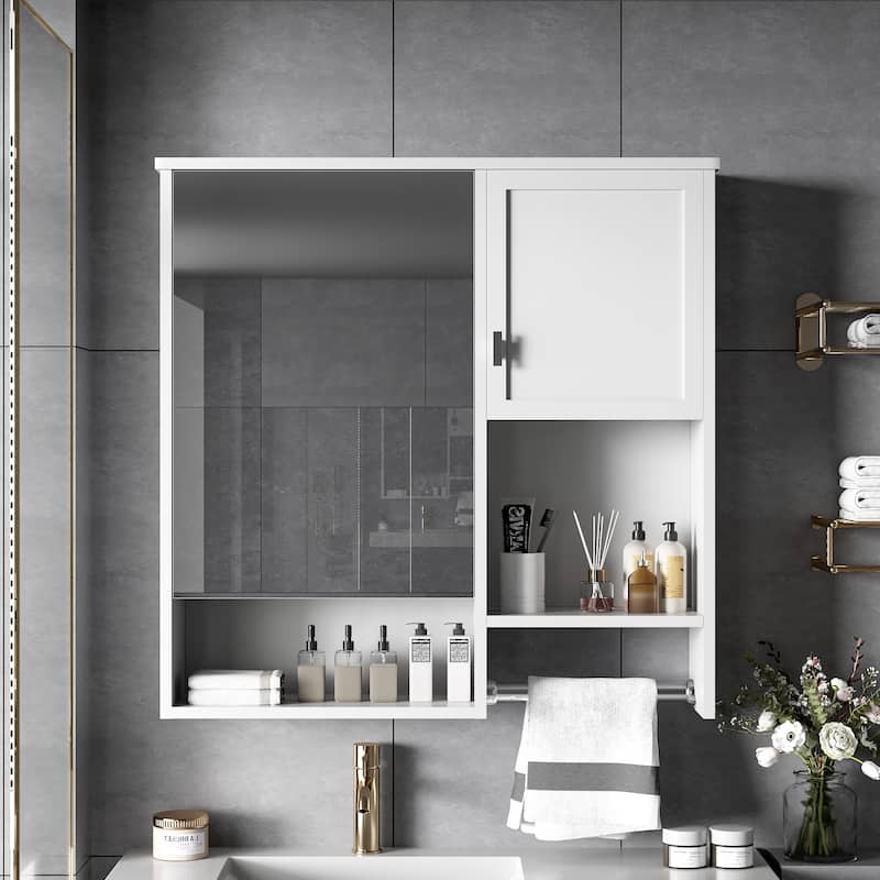 29" x 28" Over The Toilet Bathroom Storage Cabinet with Towel Bar Wall Mirror Cabinet with Closed Cupboard and Open Shelf