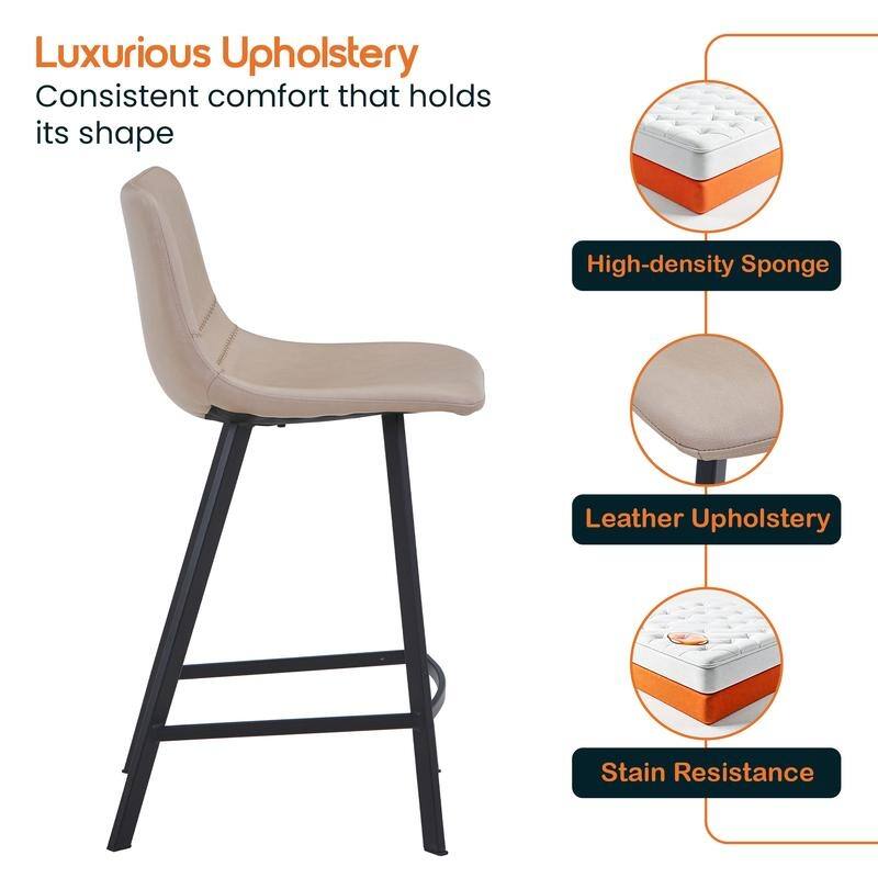 Elland Modern Minimalist Leather Upholstered Bar Stool with Accent Black Metal Base and Back Support for Home Bar or Kitchen