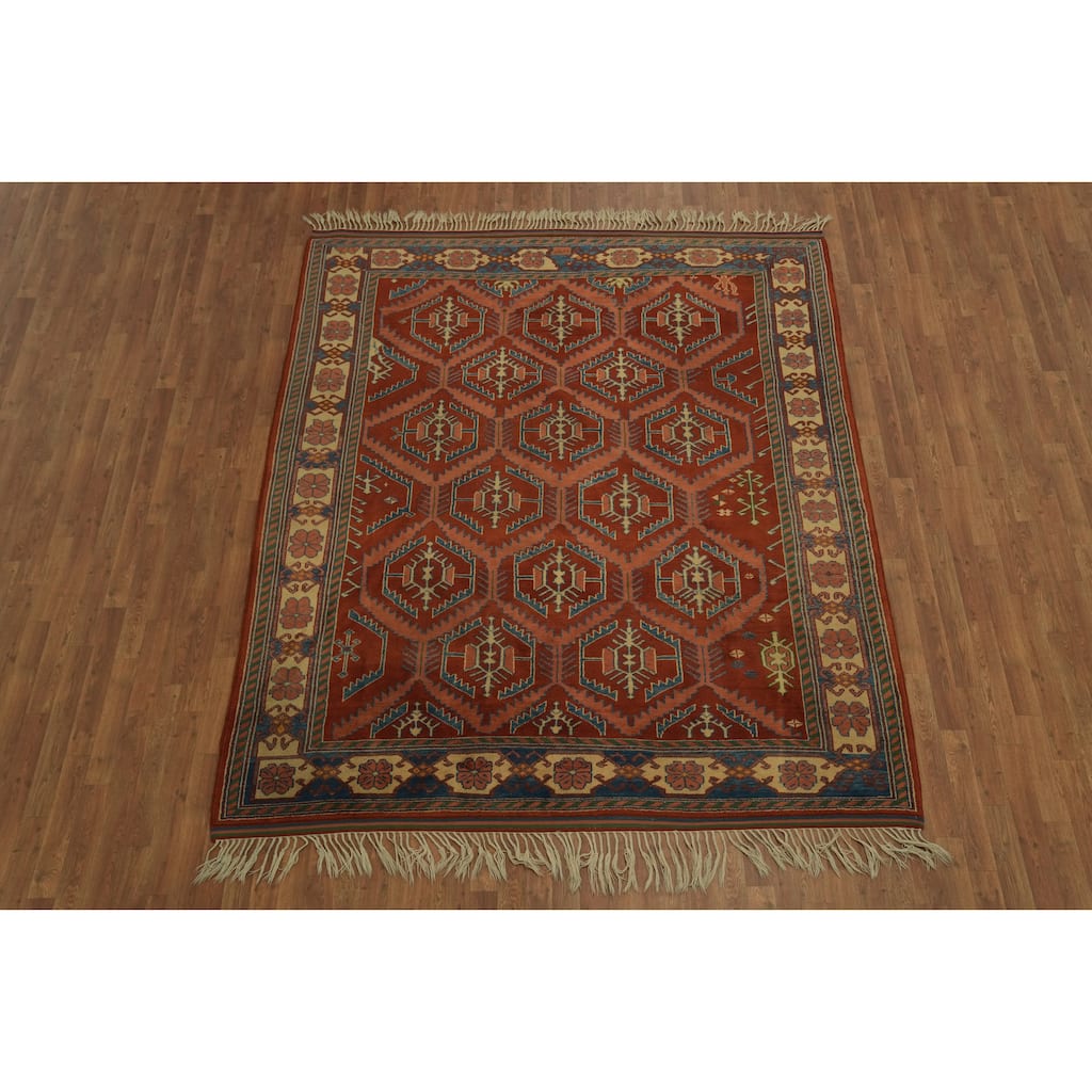 Hand Knotted Oriental 100% Wool Carpet Transitional Tribal Oranges & Rust Anatolian Area Rug - 8' 10'' X 7' 5''