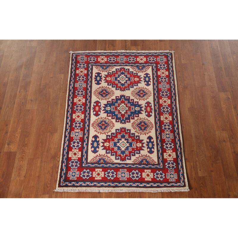 Beige Traditional Kazak Accent Rug Hand-Knotted Wool Carpet - 2'9" x 4'0"