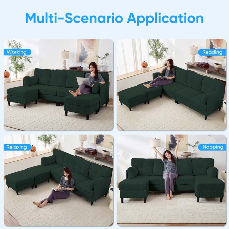 Mixoy Corduroy U-Shape Modular Convertible Sectional Sofa,Upholstered 4-Seater Sofa Couch with Movable Ottoman