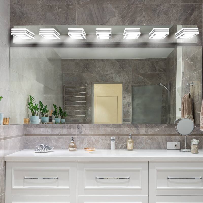 45" Modern 7-Light LED Vanity Light, Square Acrylic Lampshades Wall Mount Fixture for Bathroom, Mirror Lighting